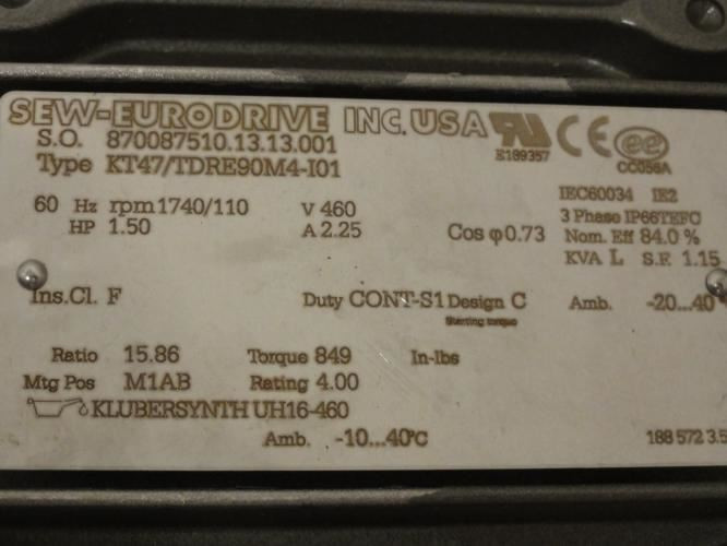 SEW KT47/TDRE90M4-I01; Gearmotor; 15:86 Ratio; 1-1/2Hp; 1750Rpm