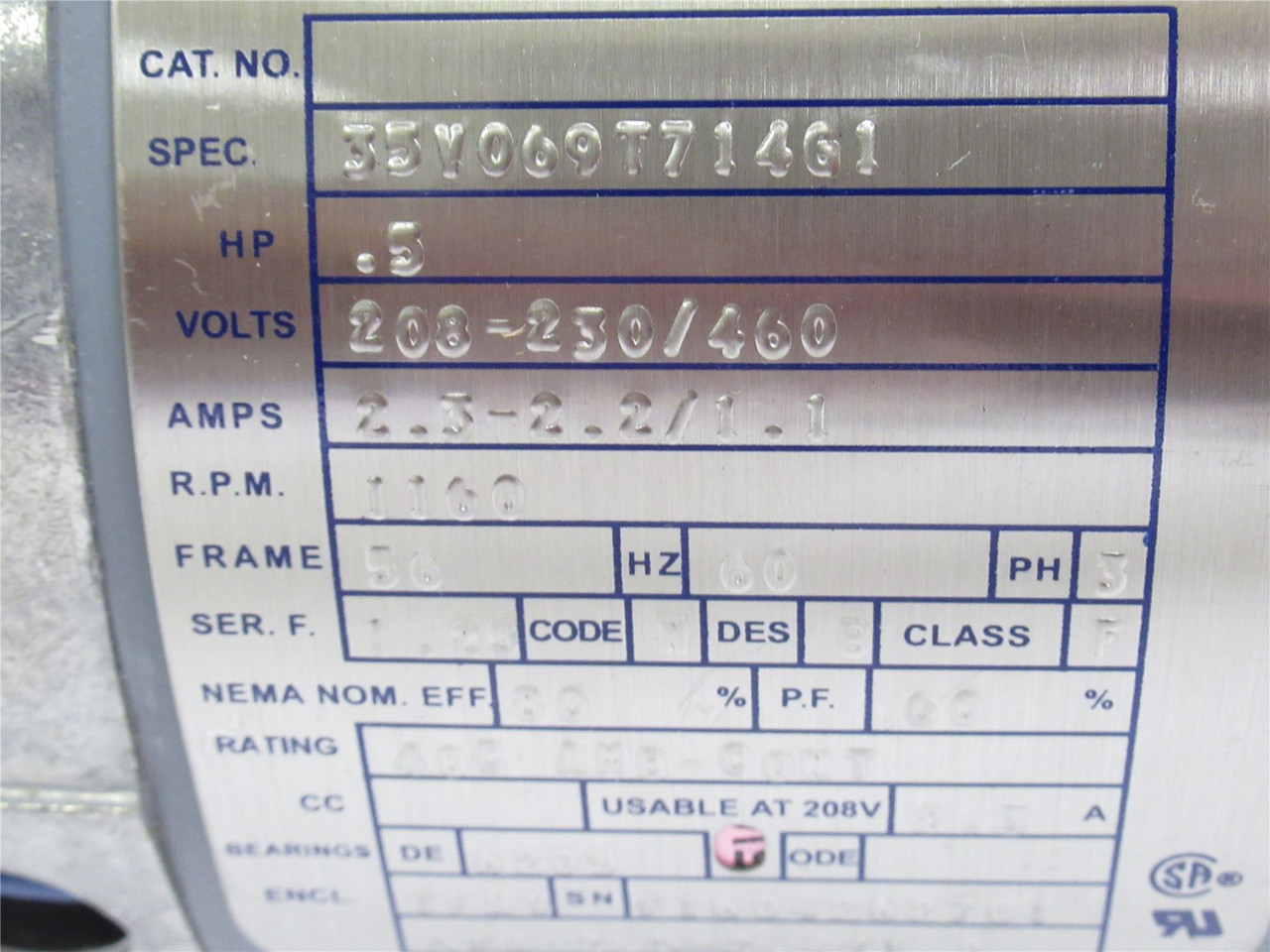 Baldor 35V069T714G1; AC Motor 1/2HP; 208/230-460V; 1160RPM