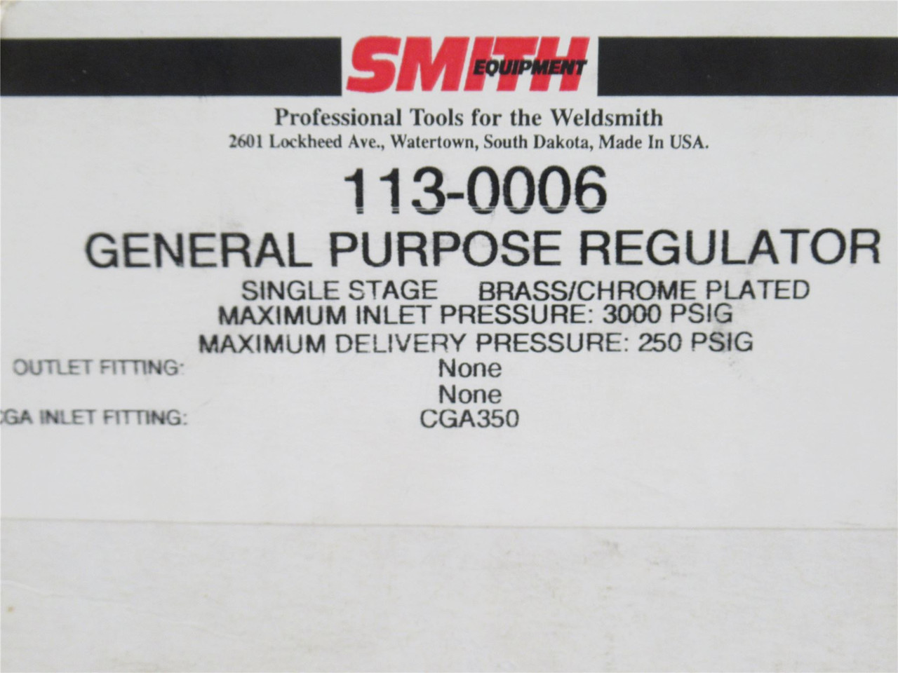 Smith 113-0006; General Purpose Regulator; Single Stage