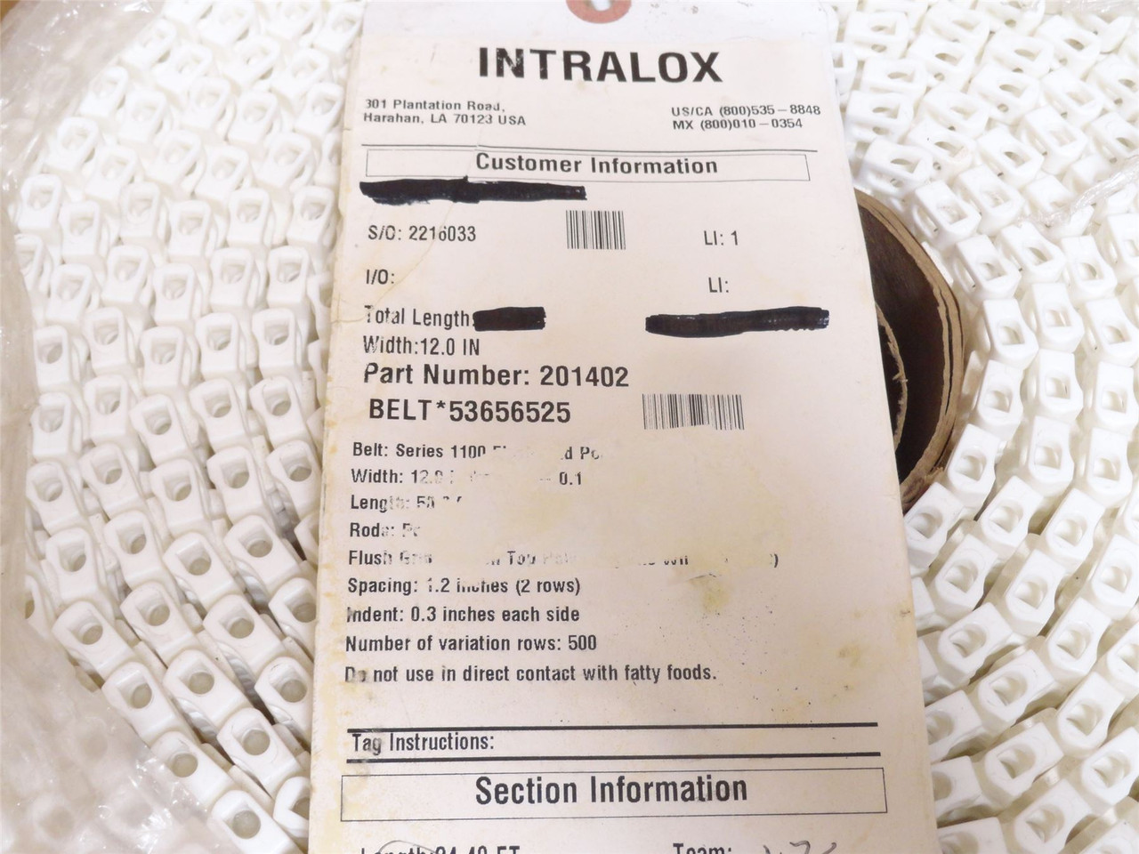 intralox 53656525; White Belt Ser: 1100 12"Wx24'L Part 201402