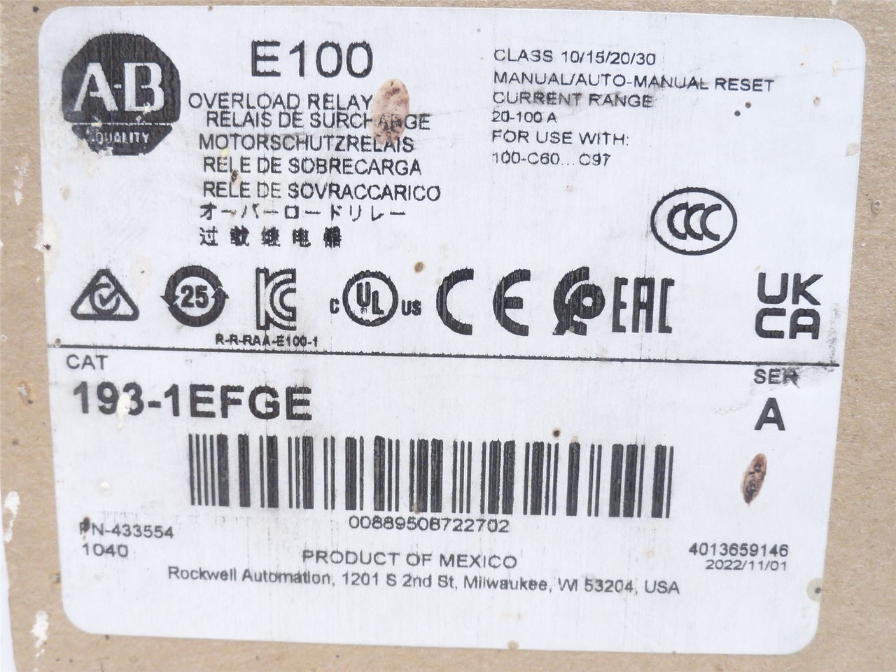 Allen-Bradley 193-1EFGE; IEC Overload Relay 20-100A; 3P; 600V