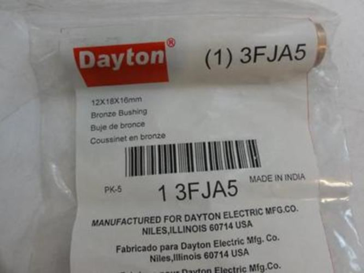 Dayton 3FJA5; Bag-5 Bronze Sleeve Bearing; 12mm ID; 18mm OD