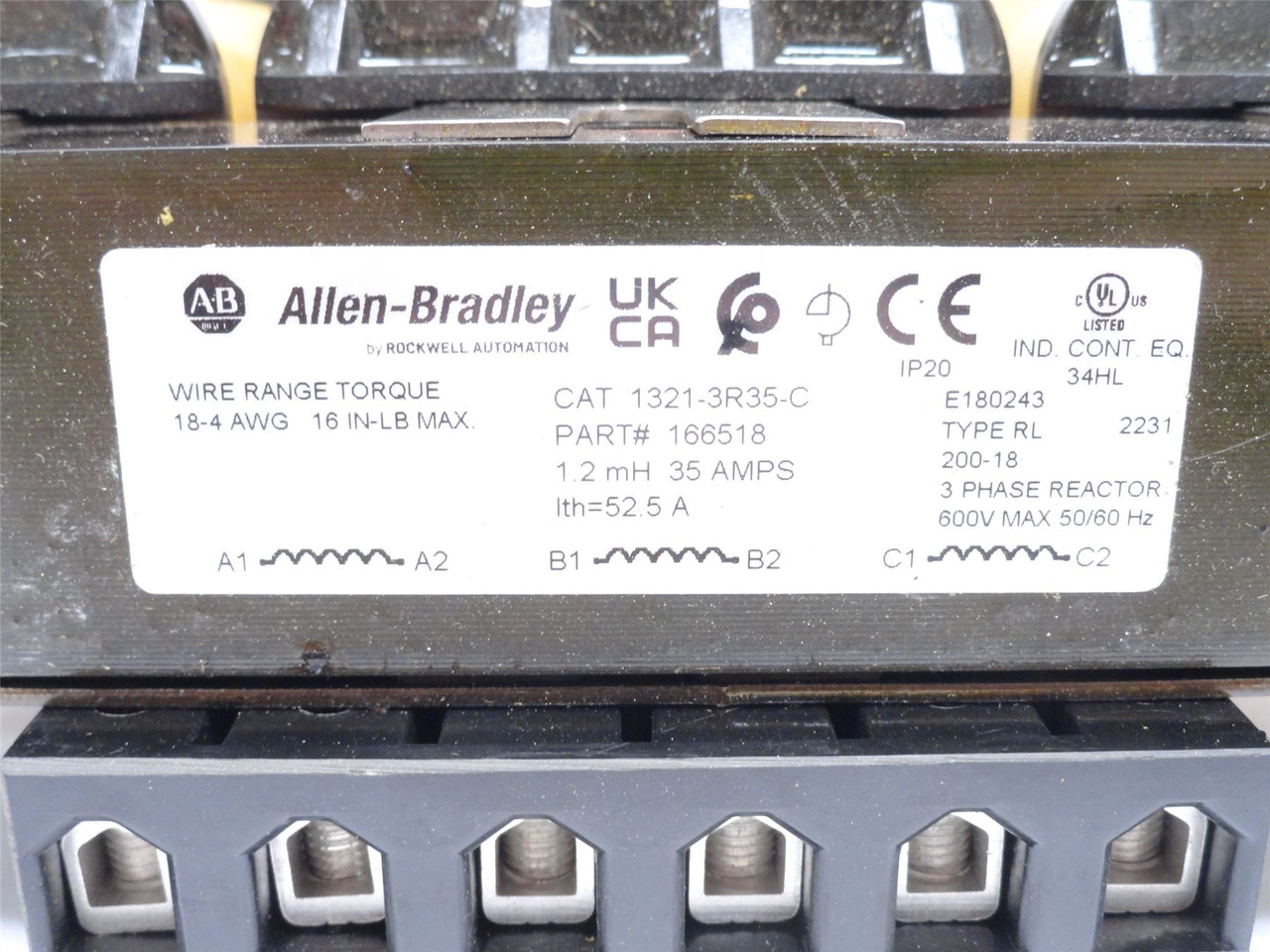 Allen-Bradley 1321-3R35-C; Line Reactor 35A; 3PH; 600V; 1.2mH