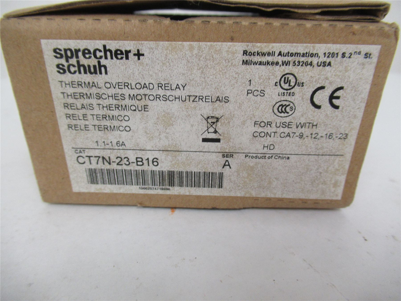 Sprecher+Schuh CT7N-23B16; Thermal Overload Relay 1.1-1.66A