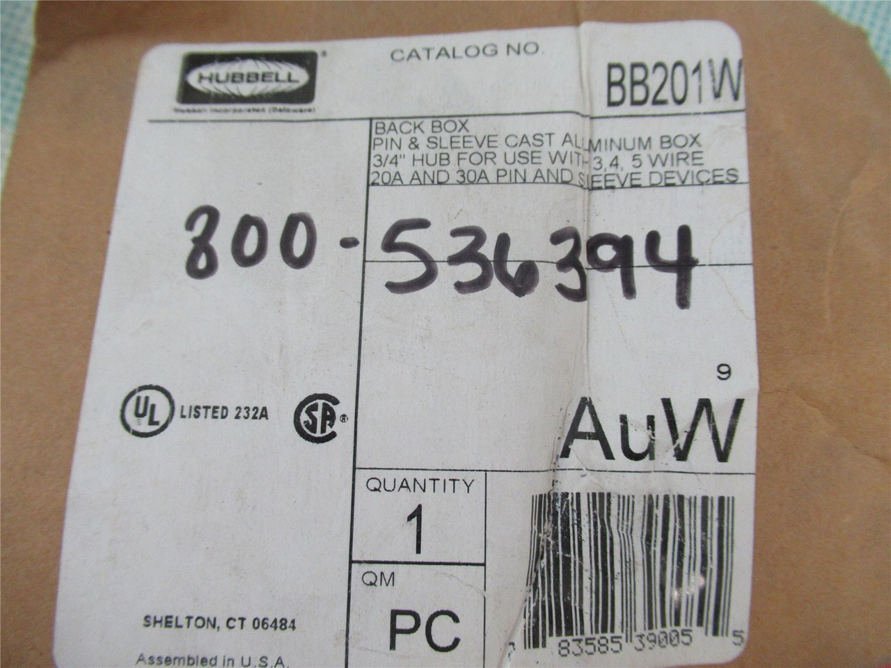 Hubbell BB201W; Pin&Sleeve Box 3/4" for use w/3;4;5Wire