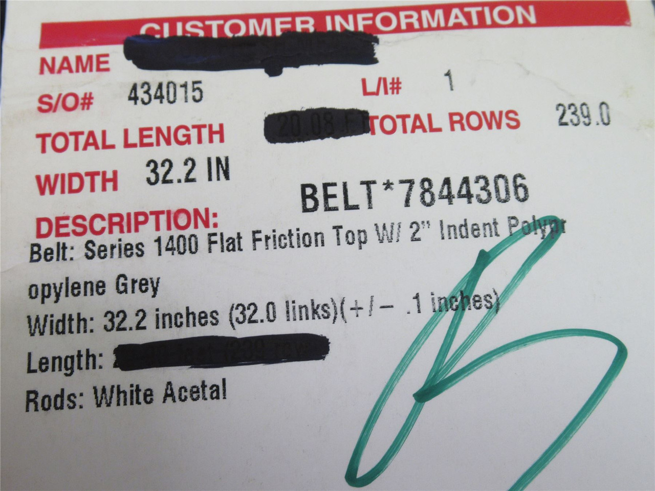 Intralox 7844306-9; Ser 1400 Flat Friction Top; 9'L X 32.2"W