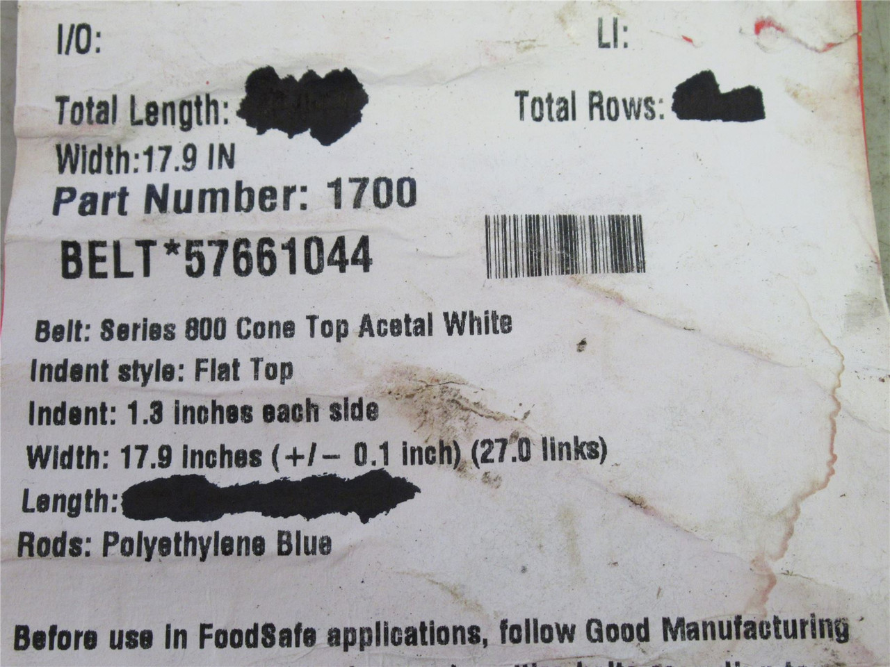 Intralox 1700-9; Series 800 Cone Top Belt; 9'L X 17.9"W