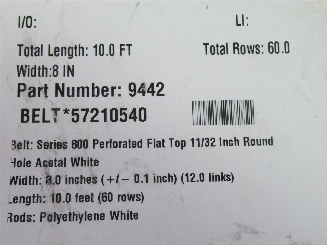 Intralox 9442-10; Ser 800 Perforated Flat Top Belt;10'L X 8"W