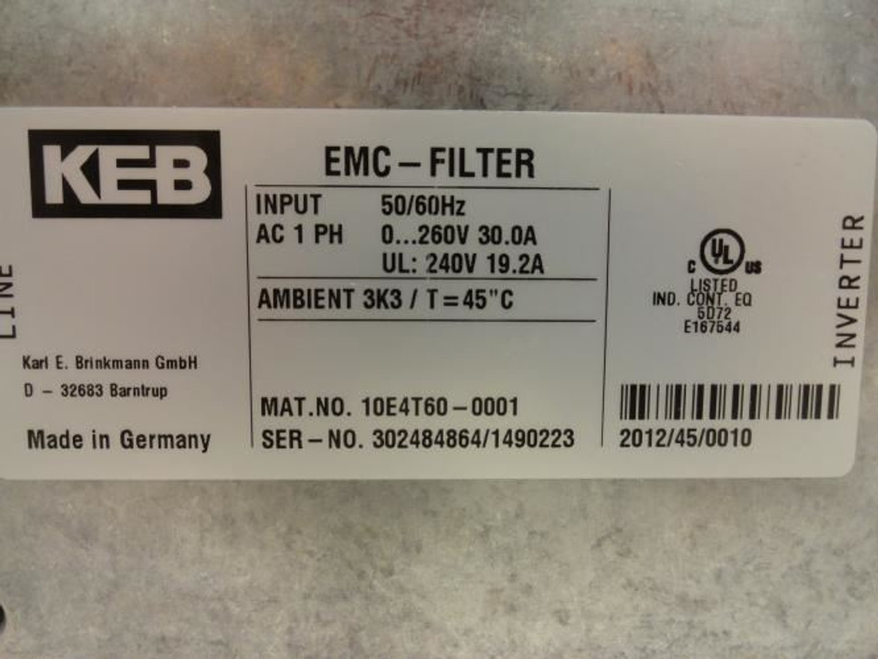 KEB 10E4T60-0001; EMC-Filter HF; 30A; 240V; 5" Leads