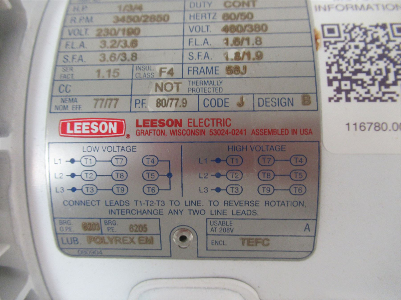 Leeson 116780; AC Motor 1/3HP 3450RPM 230/460V 3 Phase