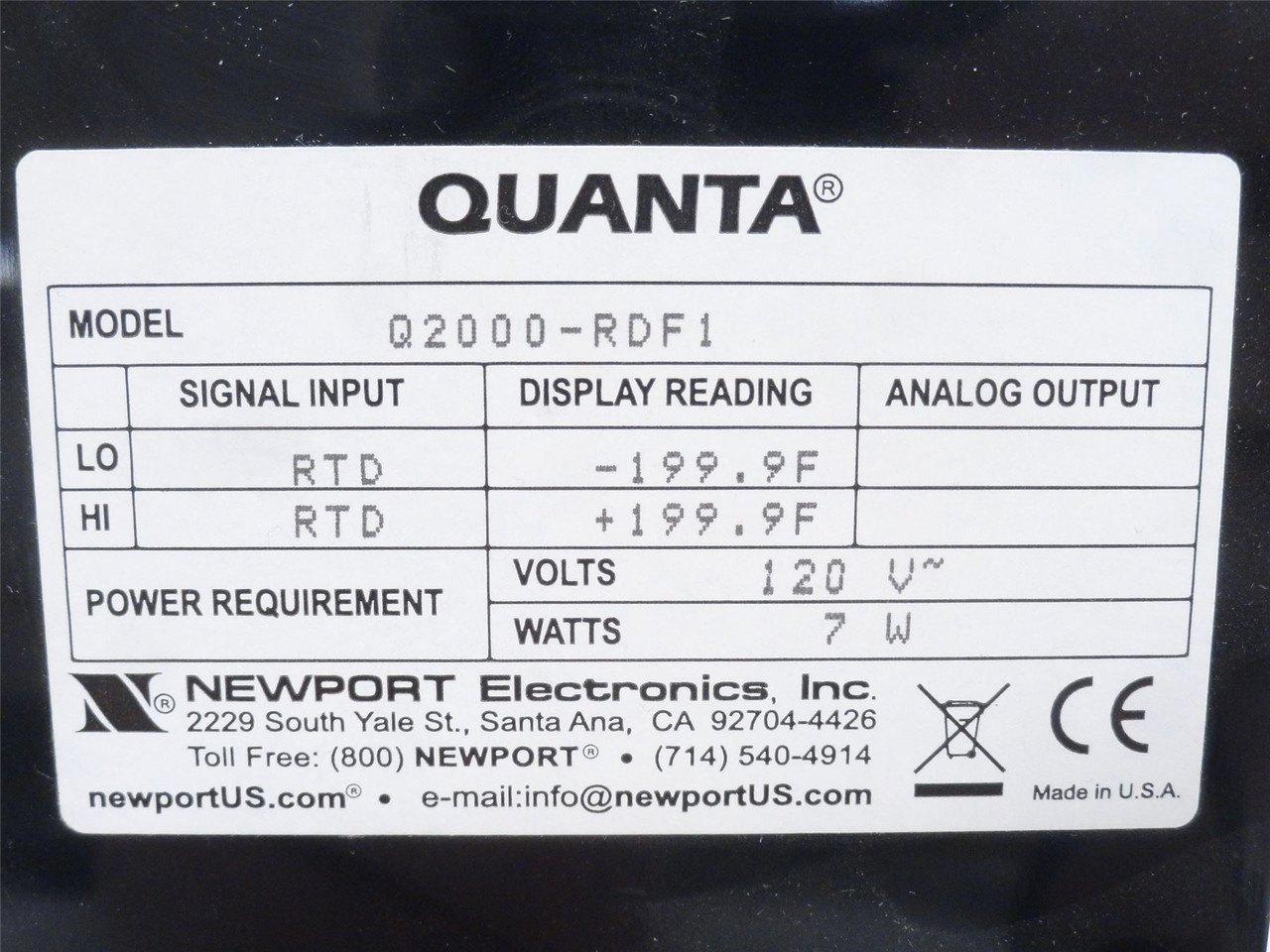 QUANTA Q2000-RDF1; RTD Meter Indicator/Controller; 120VAC