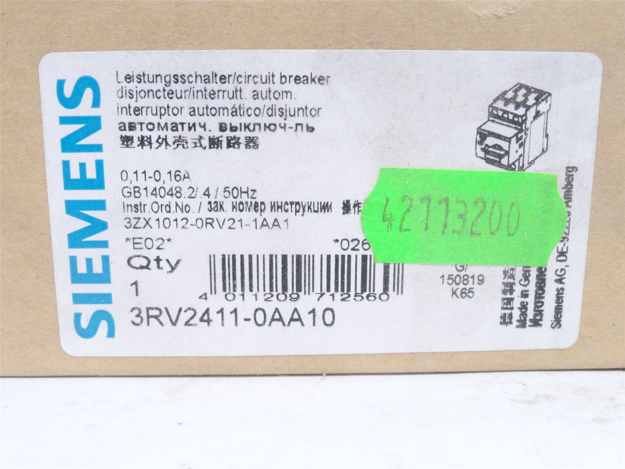 Siemens 3RV2411-0AA10; Manual Starter 11-16A; 3P; 690VAC