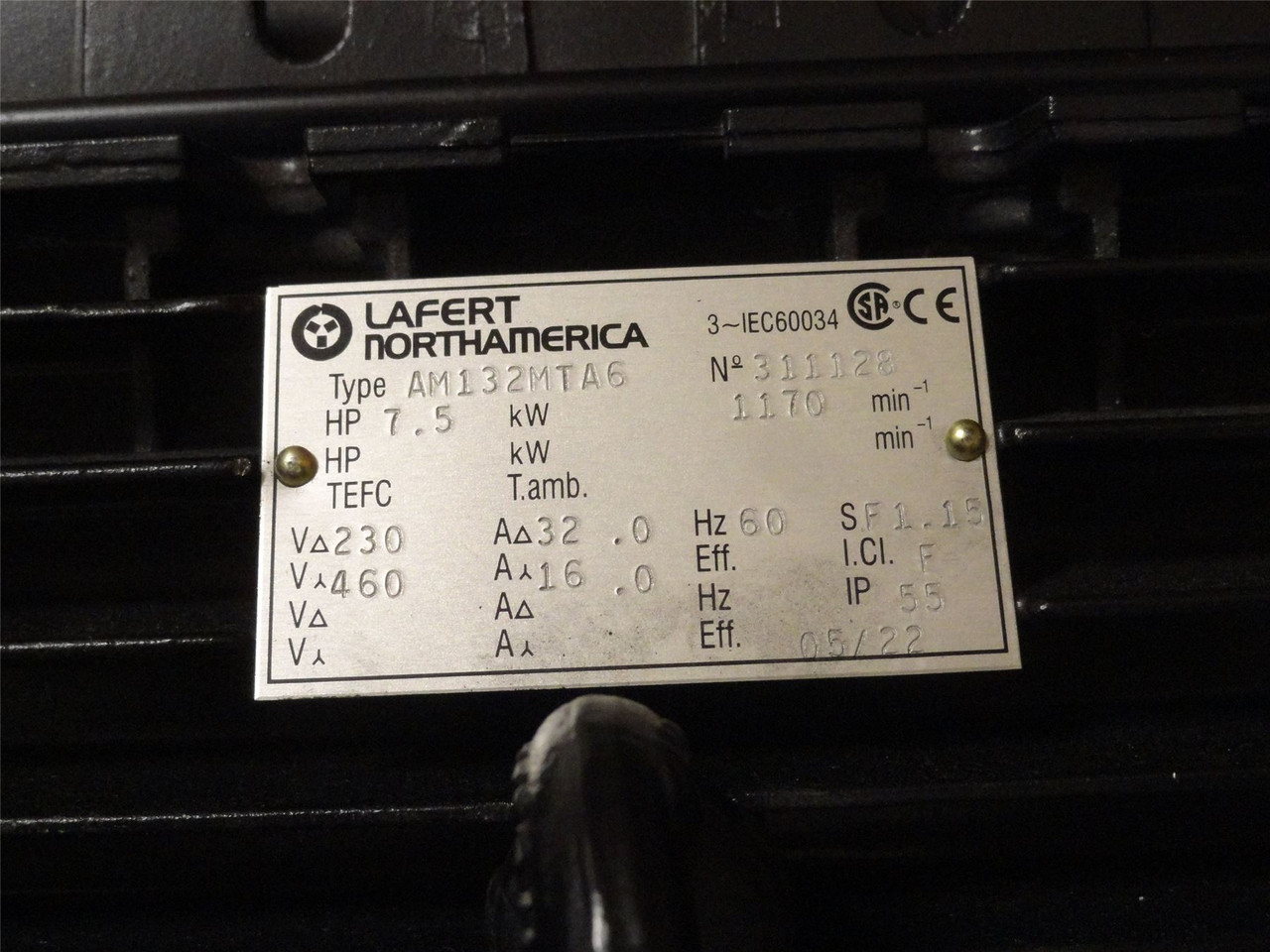 Lafert AM132MTA6; AC Motor; 7-1/2HP; 230/460V; 1170RPM; 3PH