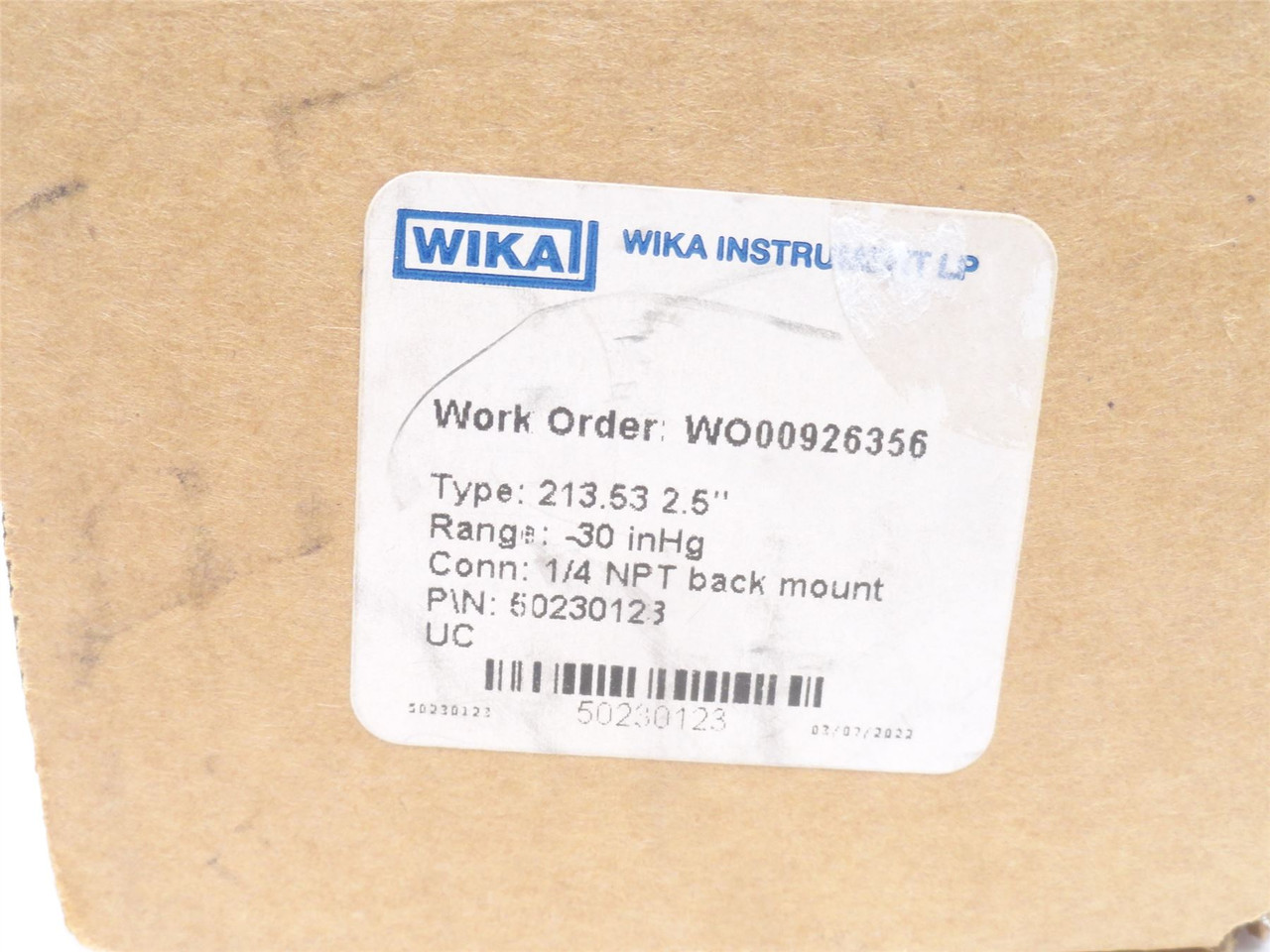 Wika 50230123; Liquid Filled Vacuum Gauge 0-30"Hg; 2.5" Dial