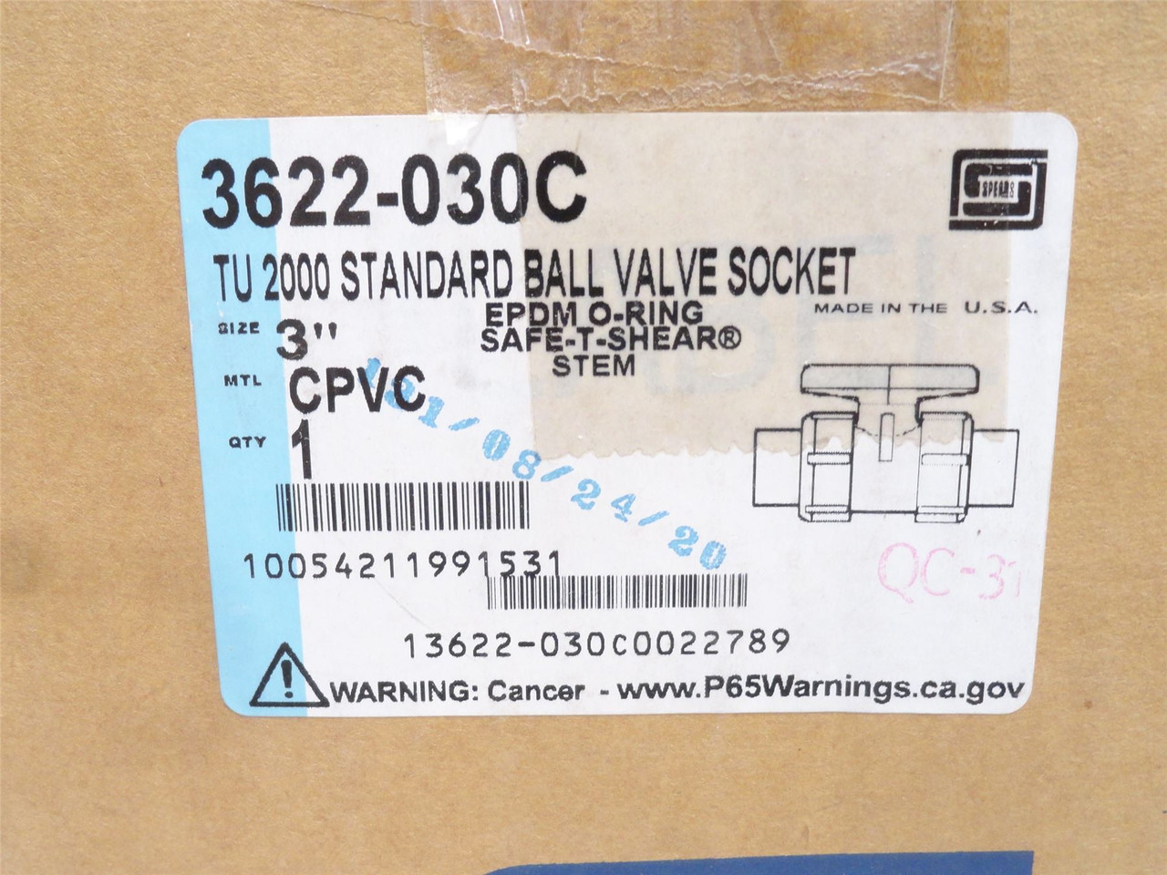 Spears 3622-030C; Two-Way SCH 80 PVC Ball Valve; 3" Socket