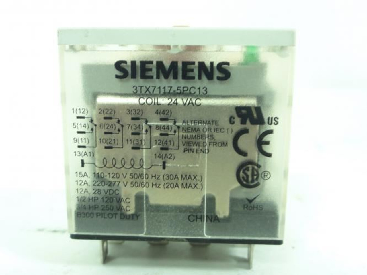 Siemens 3TX7117-5PC13; Plug-In Relay; 24VAC; 15A; 14-Pin