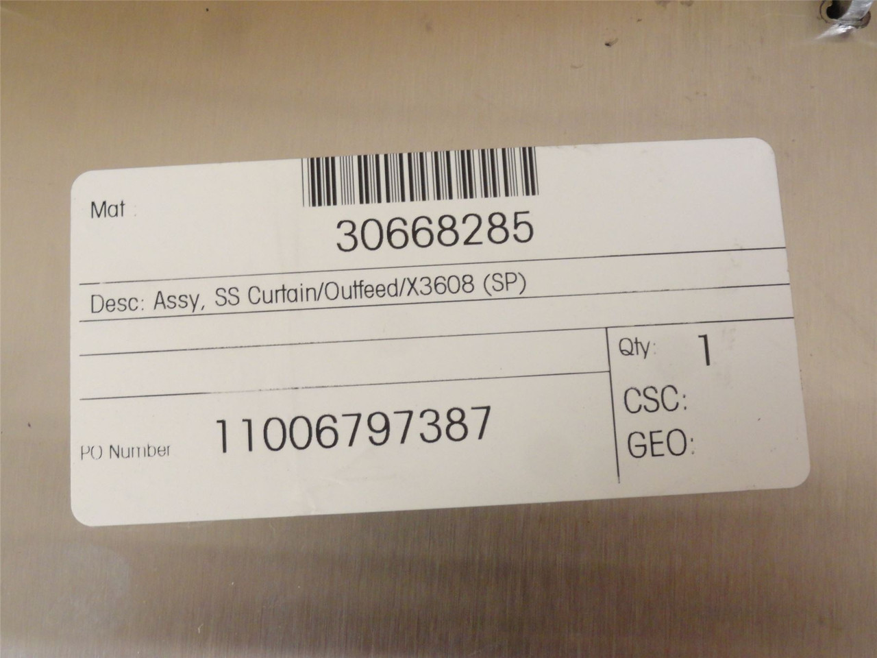 Mettler-Toledo 30668285; Outfeed Curtain Assembly #X3608; SS