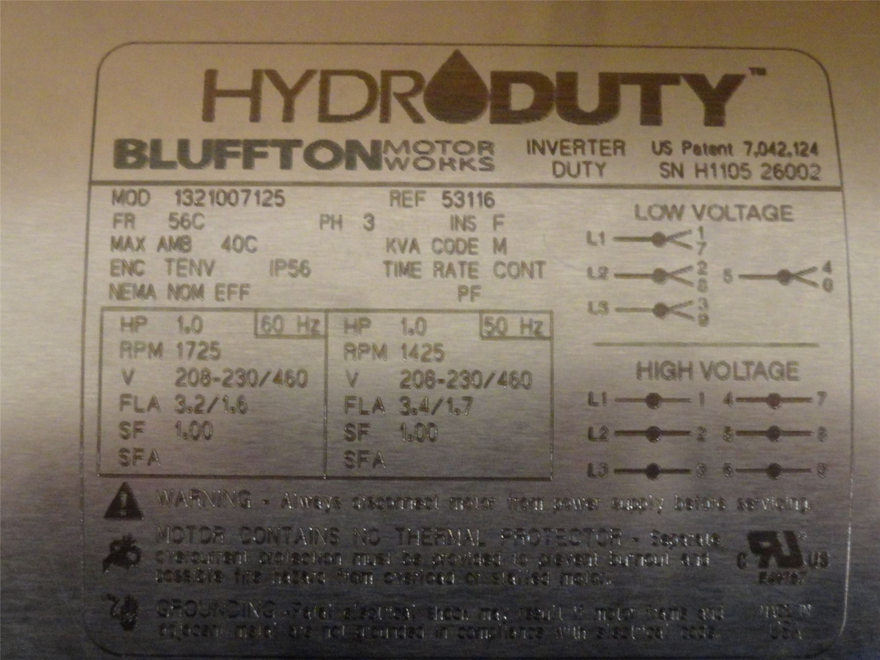 Bluffton 1321007125; AC Motor; 1HP; 230/460V; 1800RPM; 3PH