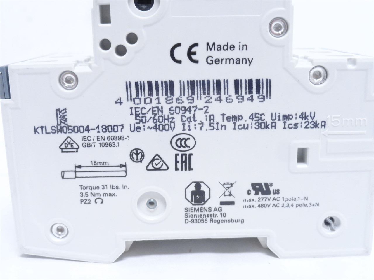 Siemens 5SY6304-7; Circuit Breaker; 4A; 3P; 400VAC