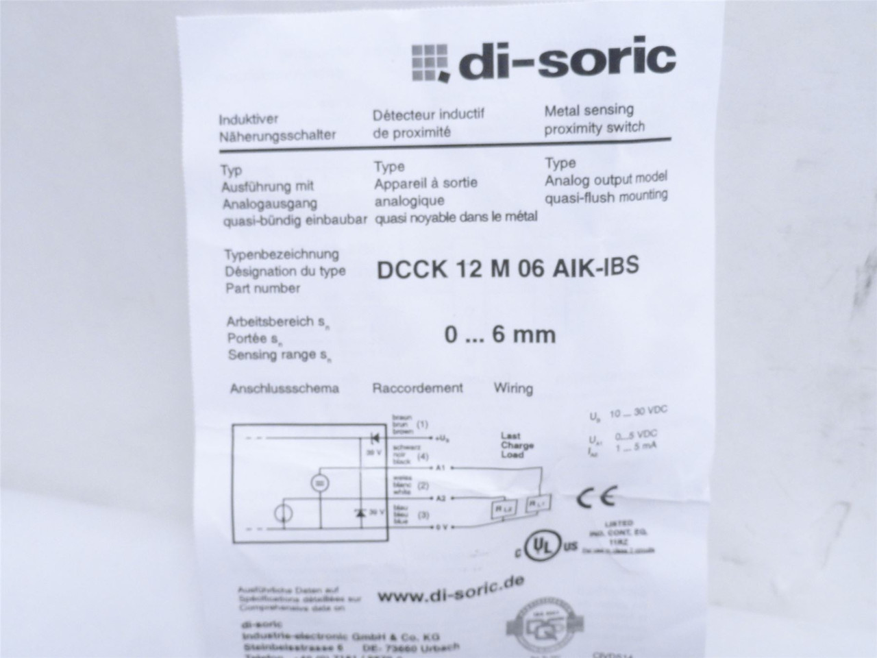 Di-soric DCCK12M06AIK-IBS; Proximity Sensor; 10-30VDC; 4-Pin