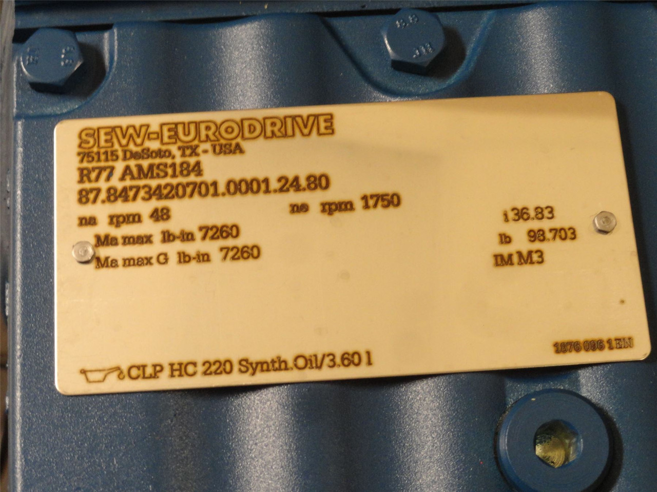 SEW R77AMS184; Inline Gearbox; 36.83:1 Ratio