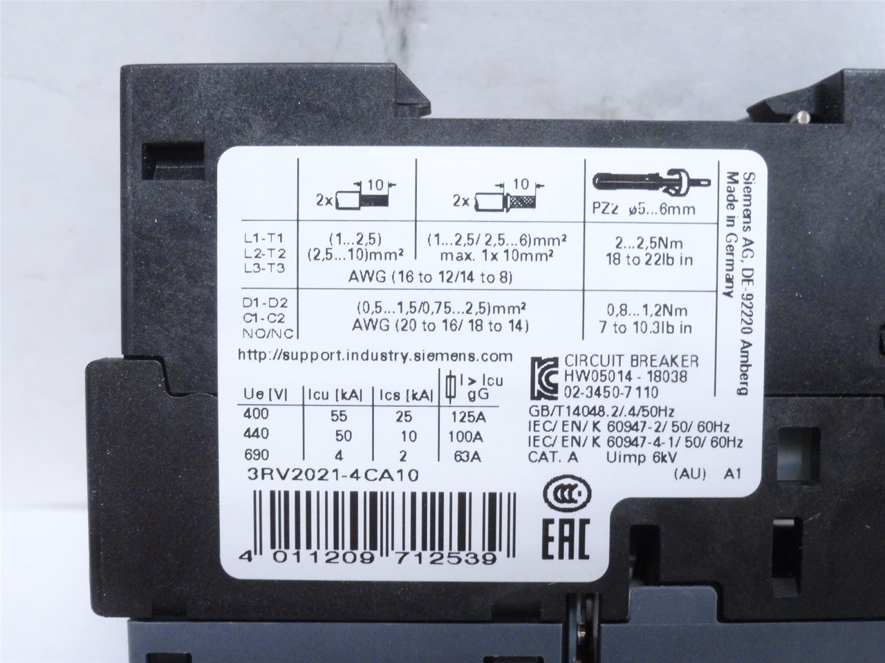 Siemens 3RV2021-4CA10; Motor Protector; 16-22A; 3P; 690VAC