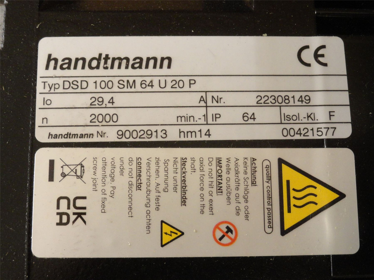 Handtmann DSD100SM64U20P; AC Servo Motor 9002913; 2000RPM
