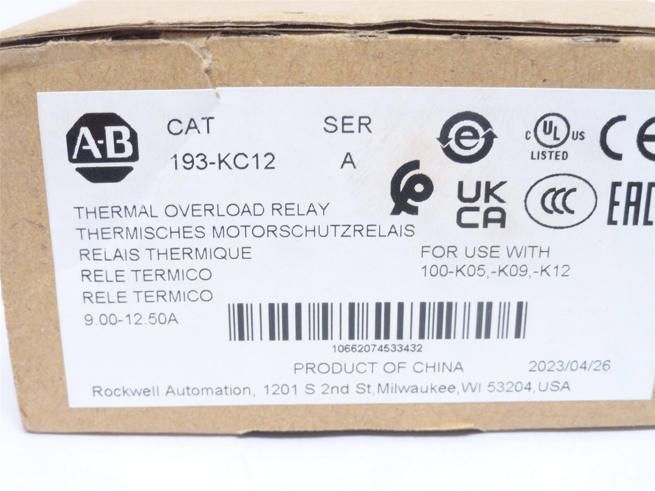 Allen-Bradley 193-KC12; Thermal Overload Relay; 9-12.5A; 600V