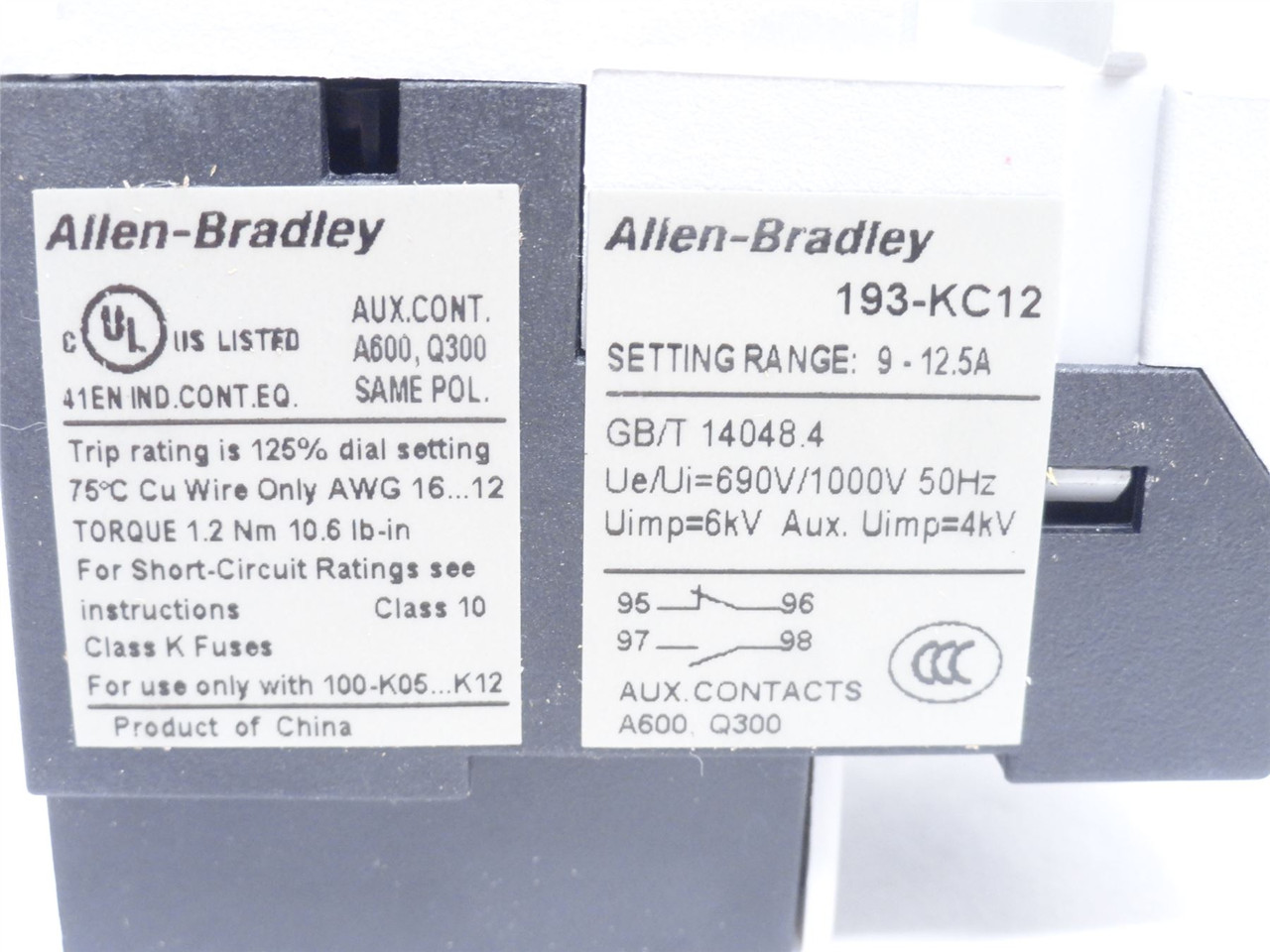 Allen-Bradley 193-KC12; Thermal Overload Relay; 9-12.5A; 600V
