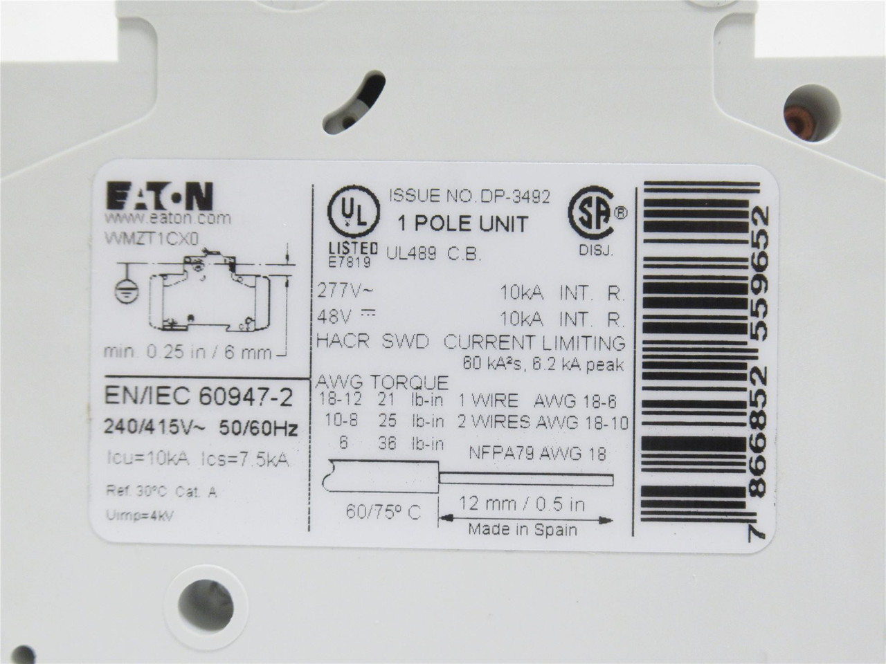 Eaton WMZT1CX0; Mini-Circuit Breaker; 1/2A; 277VAC; 1 Pole