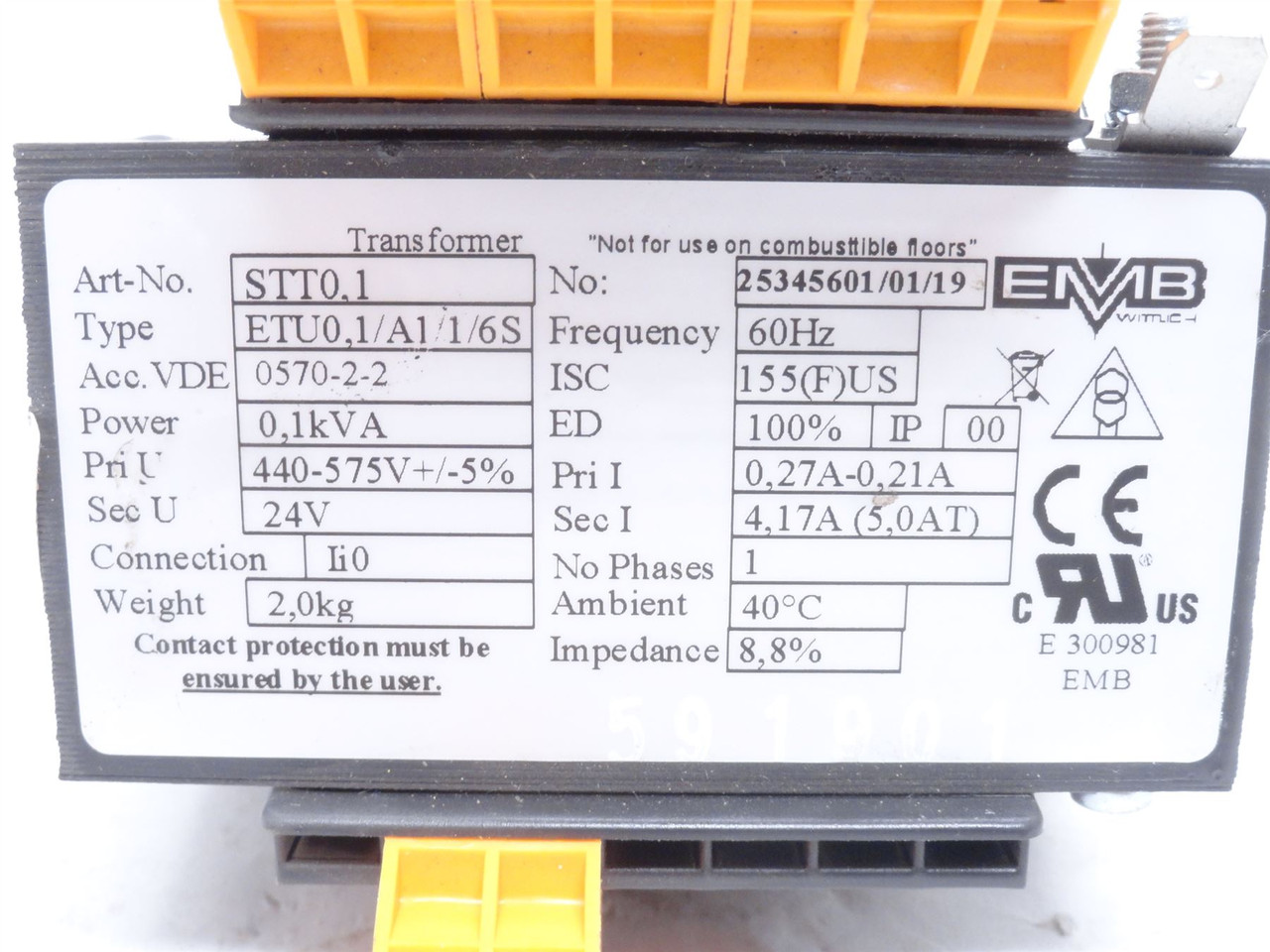 EMB STT0.1; Transformer; 0.1kVa; 440-575V Primary; 24V Second