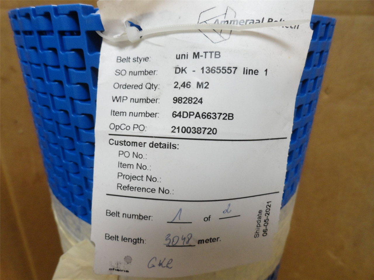 Ammeraal 64DPA66372B; Conveyor Belting; 615mm Wide; 3048mm L