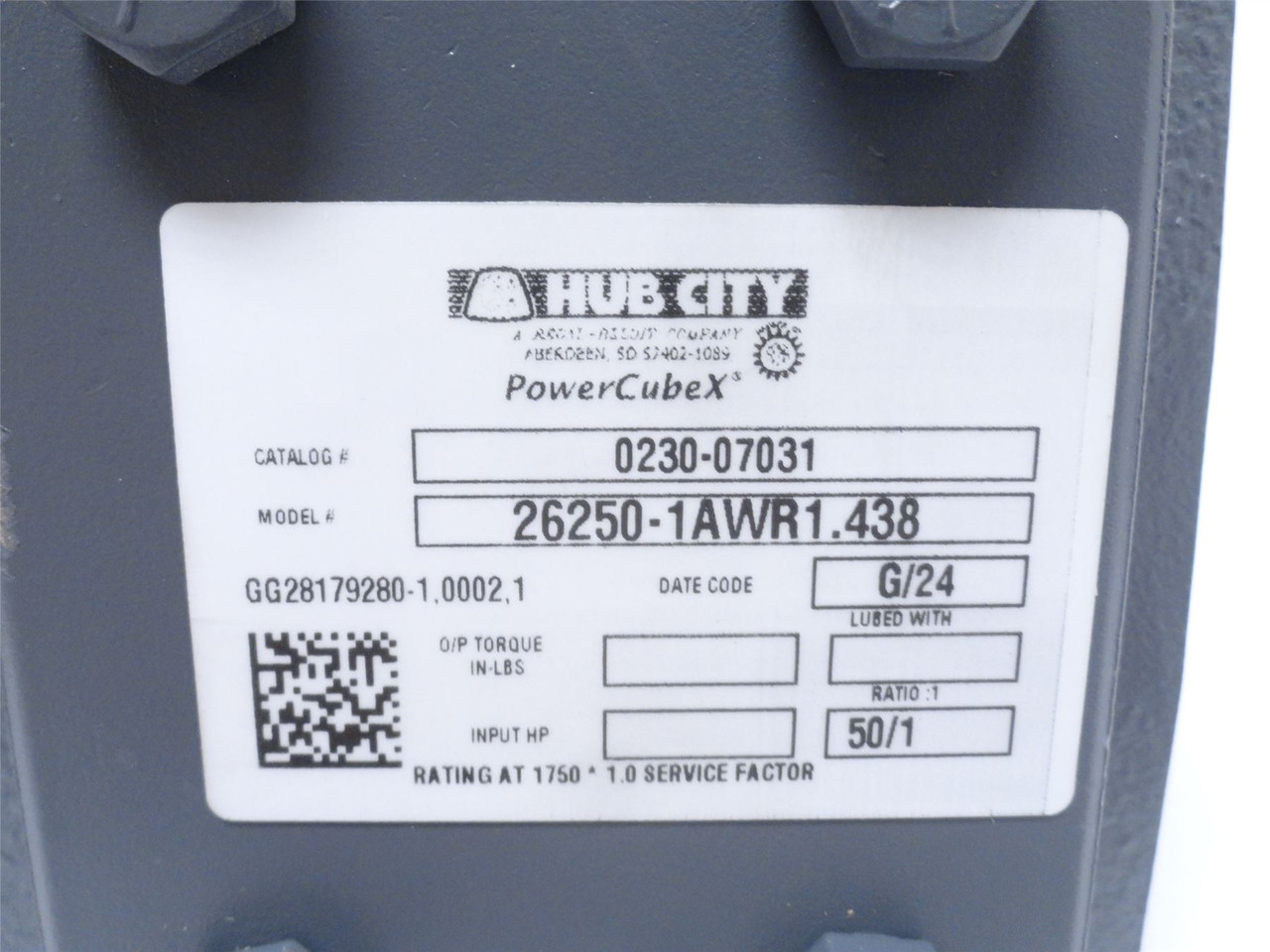Hub City 0230-07031; Gear Reducer 50:1 Ratio 26250-1AWR1.438