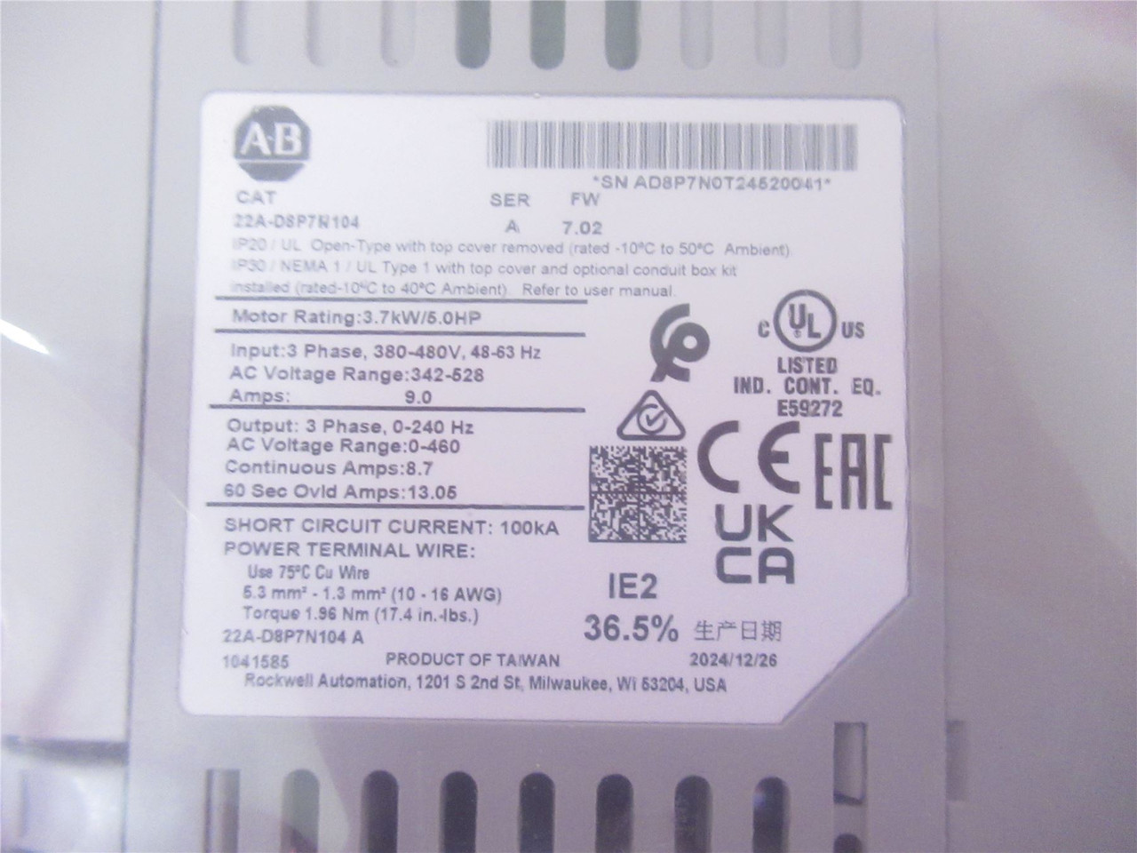 Allen-Bradley 22A-D8P7N104; AC Drive 5HP 480VAC 3PH-IN