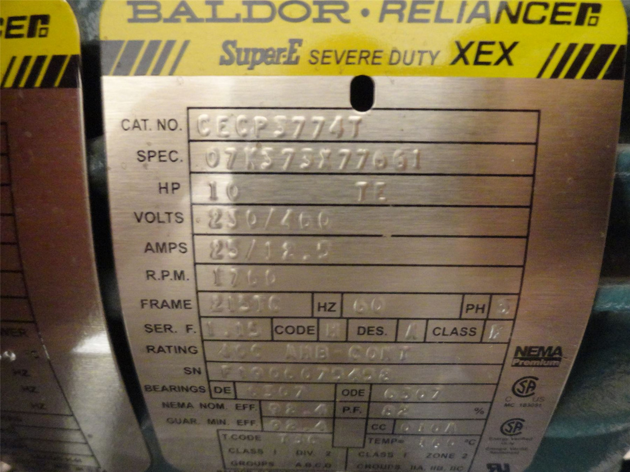 Baldor CECP3774T; Severe Duty Motor 10HP 230/460VAC 1800RPM