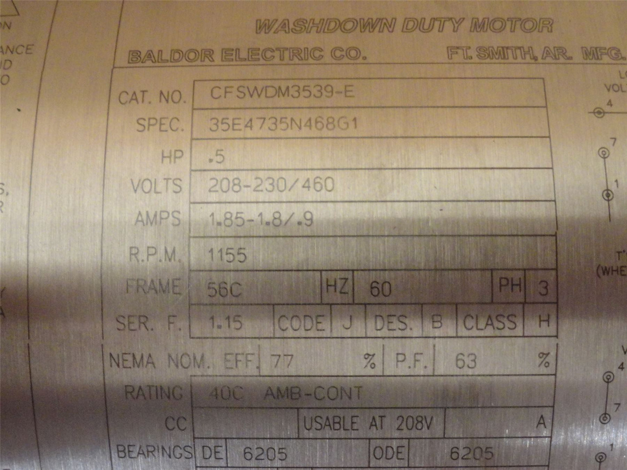 Baldor CFSWDM3539E; AC Motor SS; 1/2HP; 208-230/460C; 1200RPM