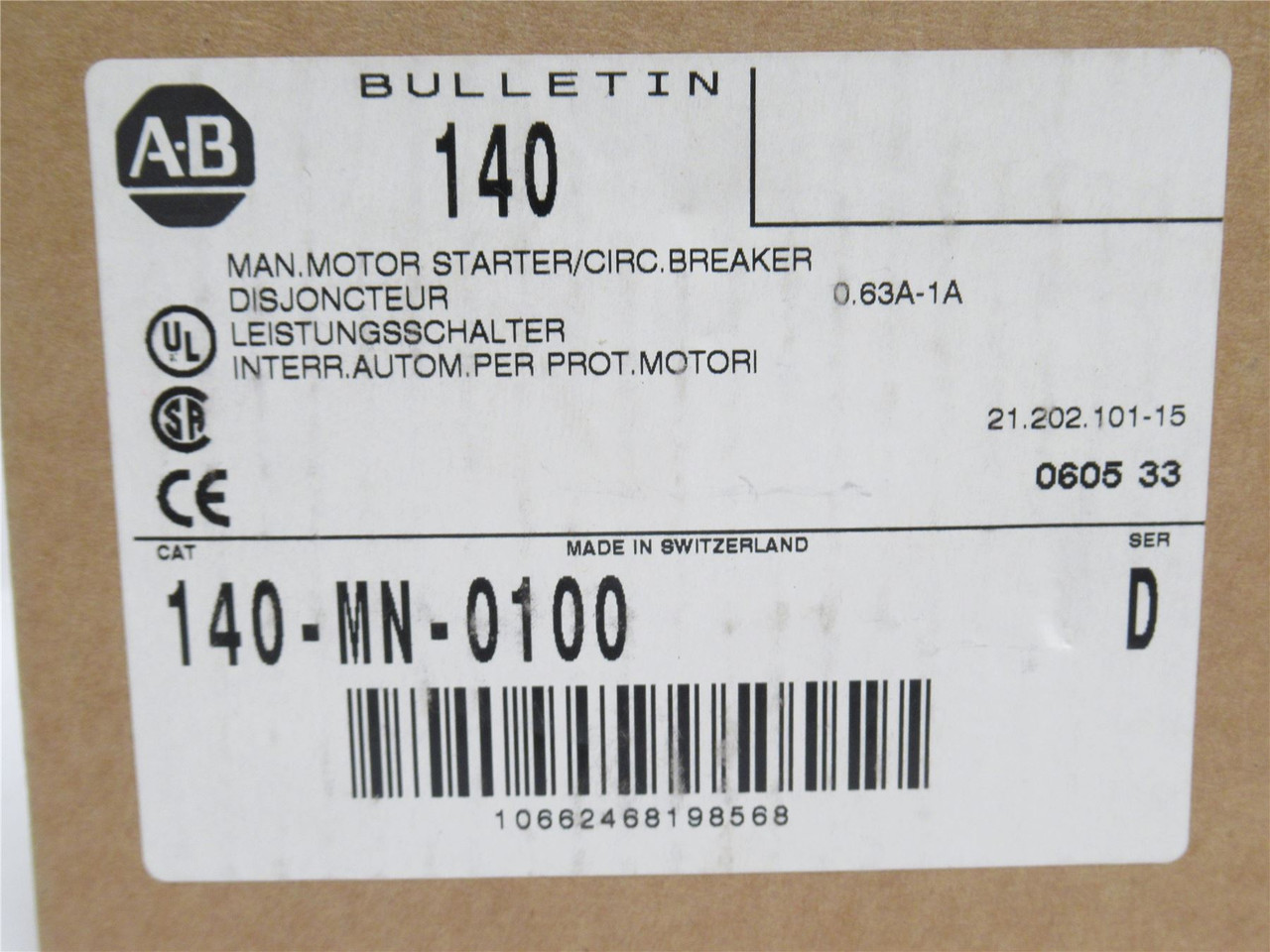 Allen-Bradley 140-MN-0100; Manual Starter; 0.63A-1.0A; 690VAC