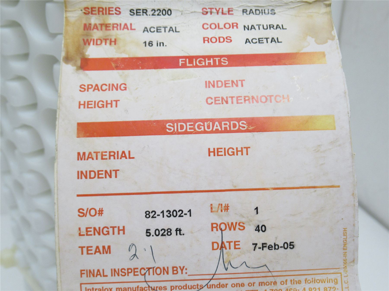 Intralox SER2200-16-5; Side Flexing Belt; 16" Wide x 5' Long