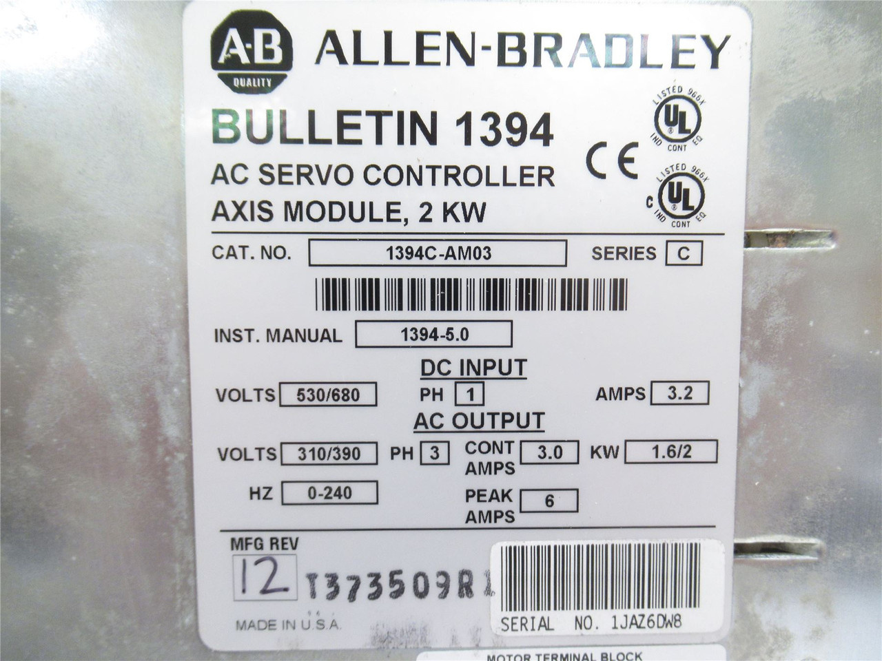 Allen-Bradley 1394C-AM03; Servo Axis Drive Module; 530/680VDC In
