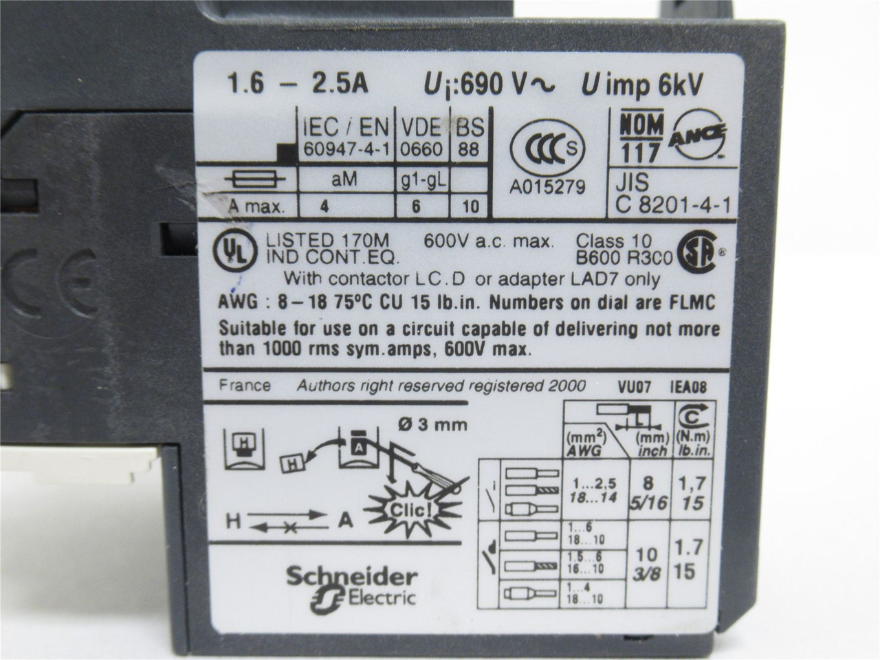 Telemecanique LRD-07; Overload Relay; 1.6-2.5A; 600VAC; 3PH