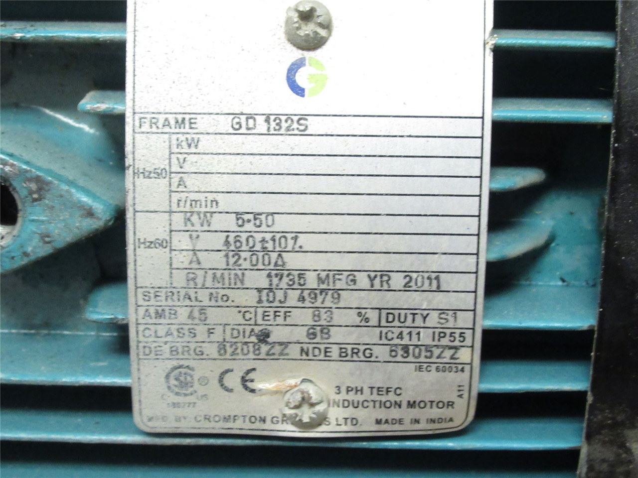 Crompton Greaves GD132S; AC Motor; 5.5kW; 460V; 1735RPM; 3Ph