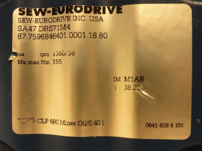 SEW-EuroDrive SA47DRS71M4; Motor Gearbox; .75HP; 38:1 Ratio
