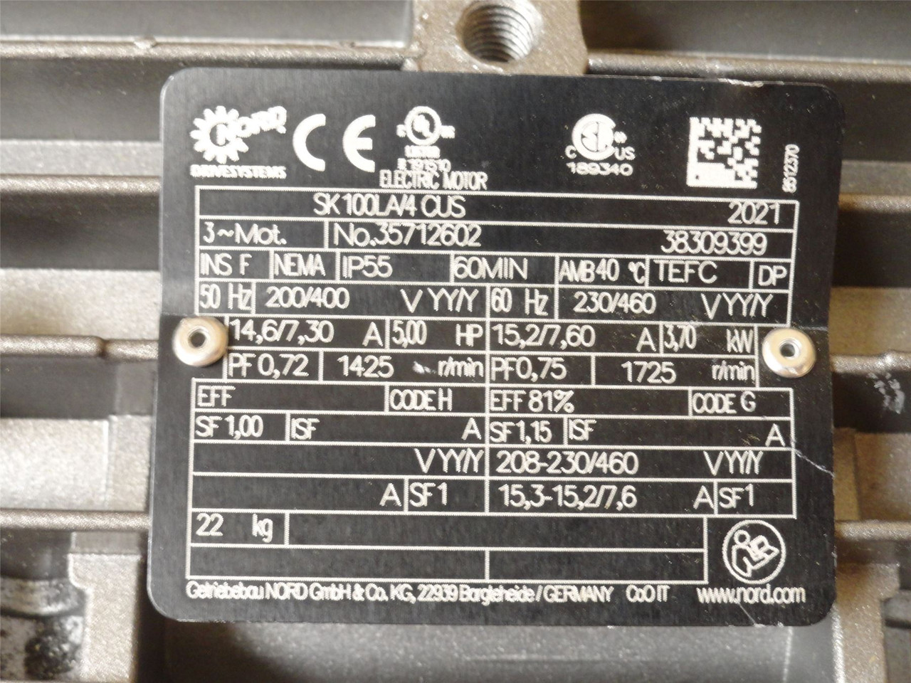Nord SK92372.1L-100LA/4; AC Gearmotor 5:1 Ratio; 5HP; 1725RPM