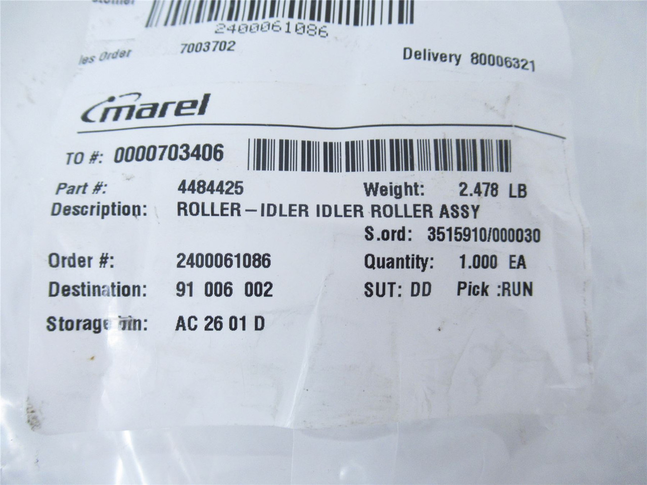 Marel 4484425; Idler Roller Assembly