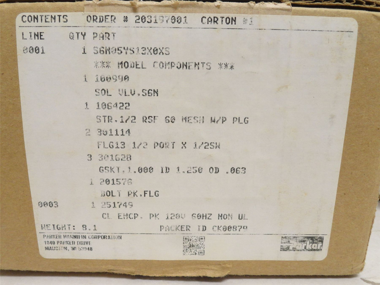 Parker S6N05YS13X0XS; SN6 Solenoid Valve Kit - Coil 120VAC