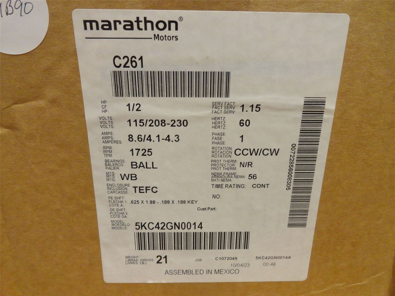Marathon 5KC42GN0014A; AC Motor; 1/2HP; 115/208-230V; 1725RPM