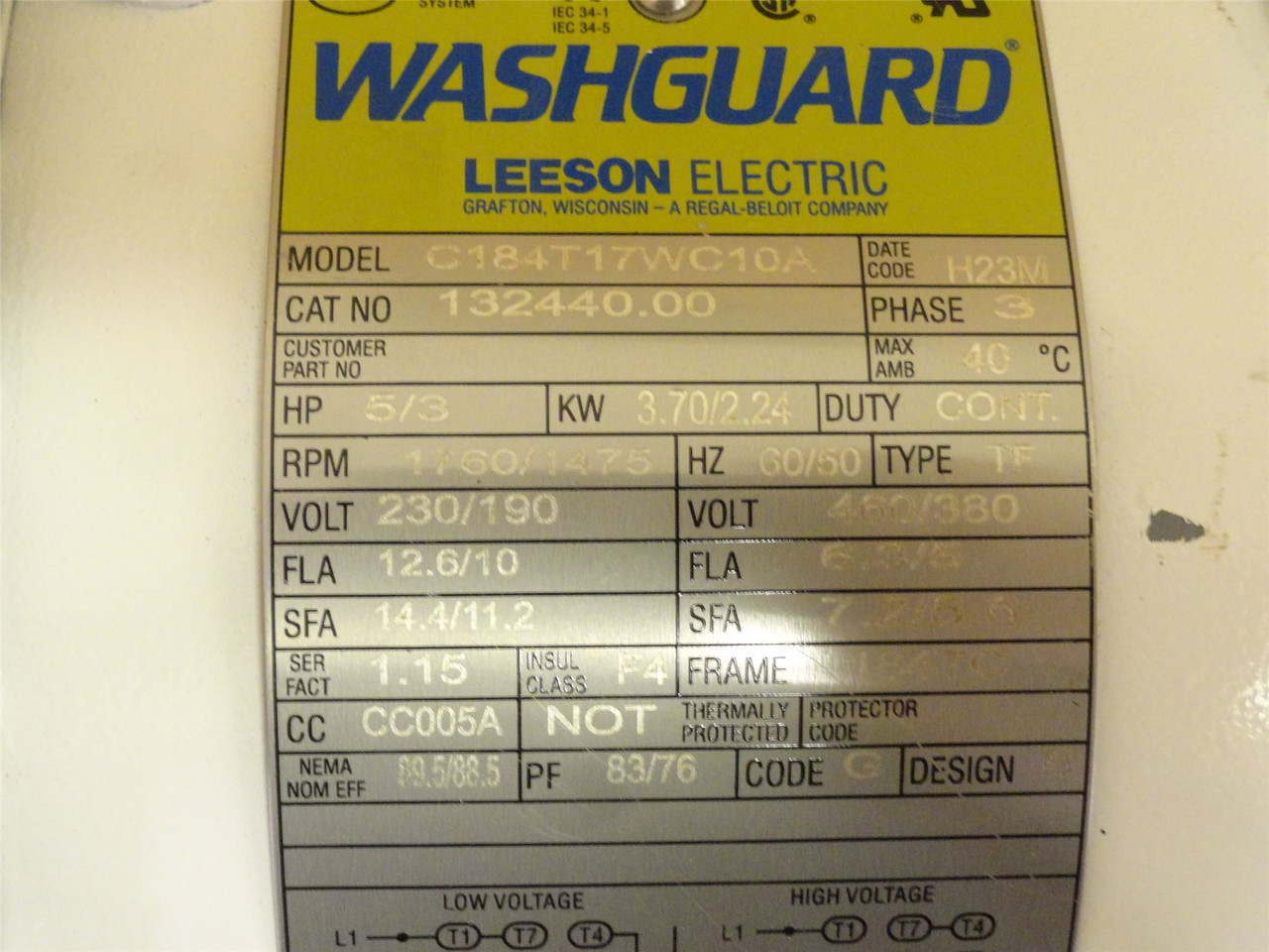 Leeson C184T17WC10A; AC Motor 132440; 5HP; 230/460V; 1800RPM