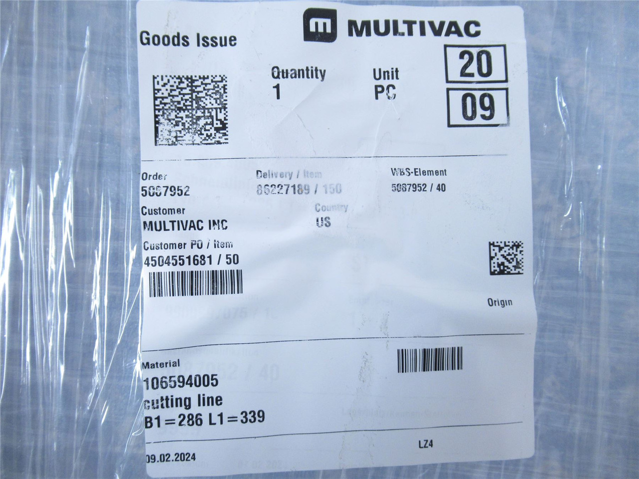 Multivac 106594005; Cutter Type 4B1 339x10