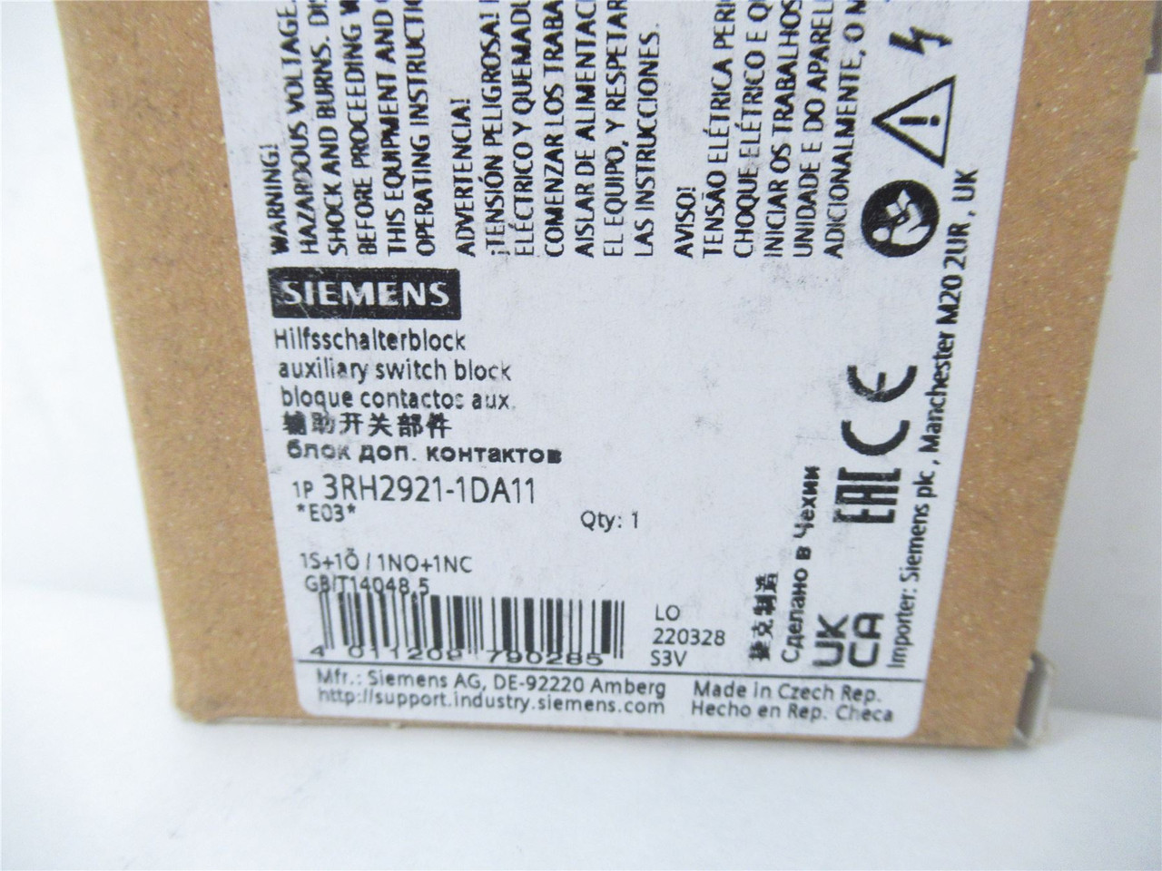 Siemens 3RH2921-1DA11; Aux Contact Block 2 Contacts 600 VAC