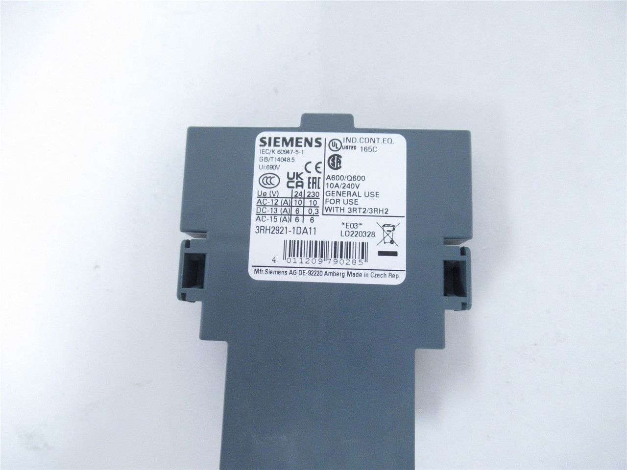 Siemens 3RH2921-1DA11; Aux Contact Block 2 Contacts 600 VAC